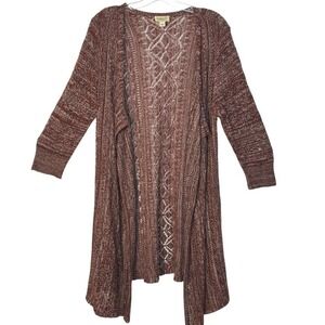 One World Duster Cardigan‎ Sweater Open Knit Burgundy Long Sleeve Boho Size L